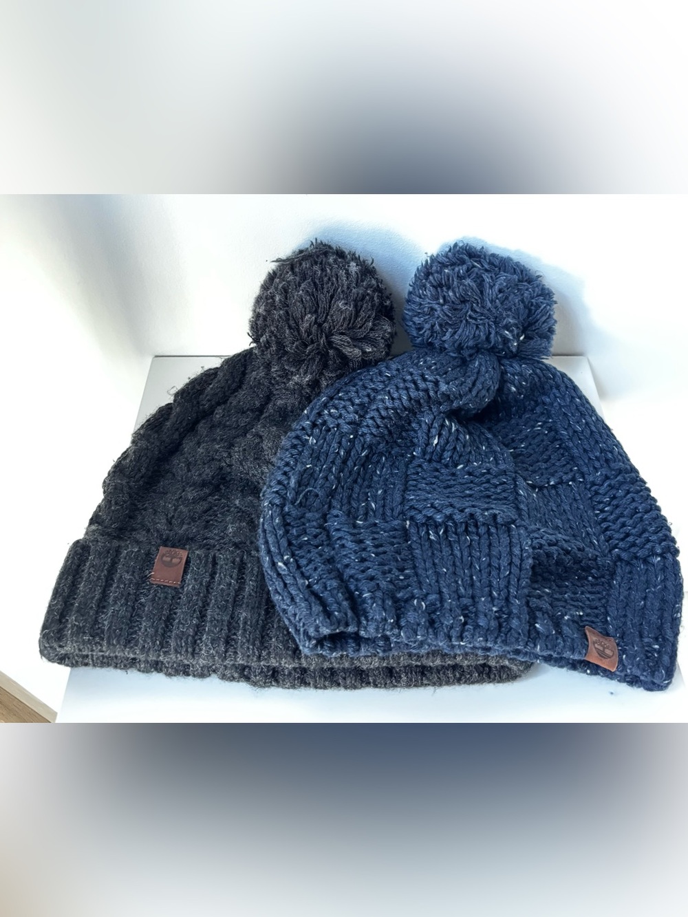 Two Women's Cable Beanie with Pom - Navy and Charcoal